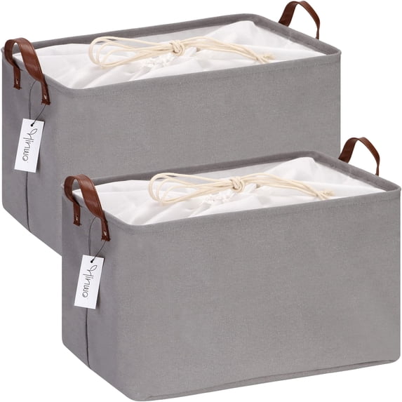 Hinwo 8.3 Gal./33.2 Qt./31.5 L Canvas Storage Bins, Rectangle Storage Baskets, Storage Cubes with Totes, Drawstring Closure, 16.5 x 11.8 x 9.8 Inches, 2-Pack, Grey