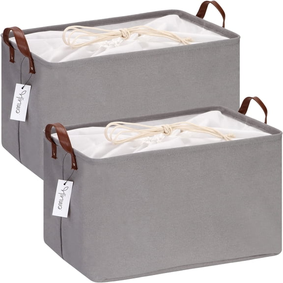 Hinwo 8.3 Gal./33.2 Qt./31.5 L Canvas Storage Bins, Rectangle Storage Baskets, Storage Cubes with Totes, Drawstring Closure, 16.5 x 11.8 x 9.8 Inches, 2-Pack, Grey