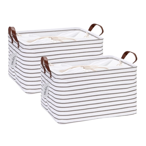 Hinwo 8.3 Gal./33.2 Qt./31.5 L Canvas Storage Bins, Rectangle Storage Baskets, Storage Cubes with Totes, Drawstring Closure, 16.5 x 11.8 x 9.8 Inches, 2-Pack, Grey Stripe