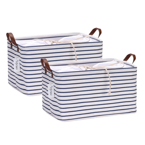 Hinwo 8.3 Gal./33.2 Qt./31.5 L Canvas Storage Bins, Rectangle Storage Baskets, Storage Cubes with Totes, Drawstring Closure, 16.5 x 11.8 x 9.8 Inches, 2-Pack, Navy Blue Stripe