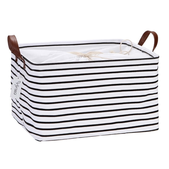 Hinwo 8.3 Gal./33.2 Qt./31.5 L Canvas Storage Bins, Rectangle Storage Baskets, Storage Cubes with Totes, Drawstring Closure, 16.5 x 11.8 x 9.8 Inches, Black Stripe
