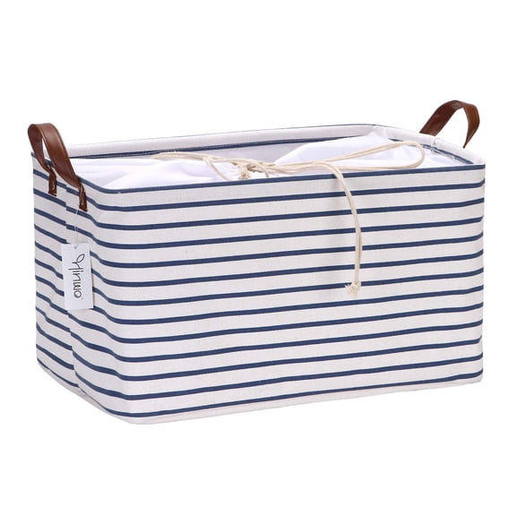 Hinwo 8.3 Gal./33.2 Qt./31.5 L Canvas Storage Bins, Rectangle Storage Baskets, Storage Cubes with Totes, Drawstring Closure, 16.5 x 11.8 x 9.8 Inches, Navy Blue Stripe