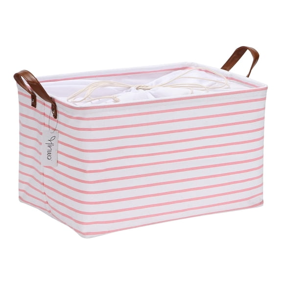 Hinwo 8.3 Gal./33.2 Qt./31.5 L Canvas Storage Bins, Rectangle Storage Baskets, Storage Cubes with Totes, Drawstring Closure, 16.5 x 11.8 x 9.8 Inches, Pink Stripe