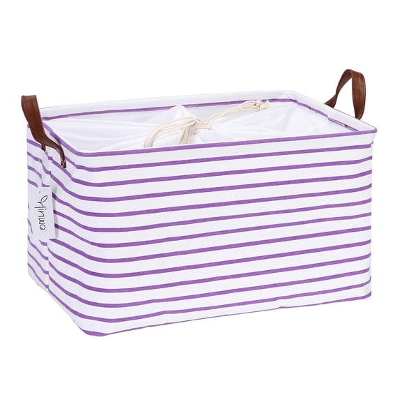 Hinwo 8.3 Gal./33.2 Qt./31.5 L Canvas Storage Bins, Rectangle Storage Baskets, Storage Cubes with Totes, Drawstring Closure, 16.5 x 11.8 x 9.8 Inches, Purple Stripe