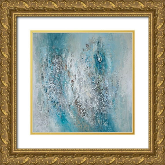 Hinz 26x26 Gold Ornate Wood Framed with Double Matting Museum Art Print Titled - Teal Triptych B