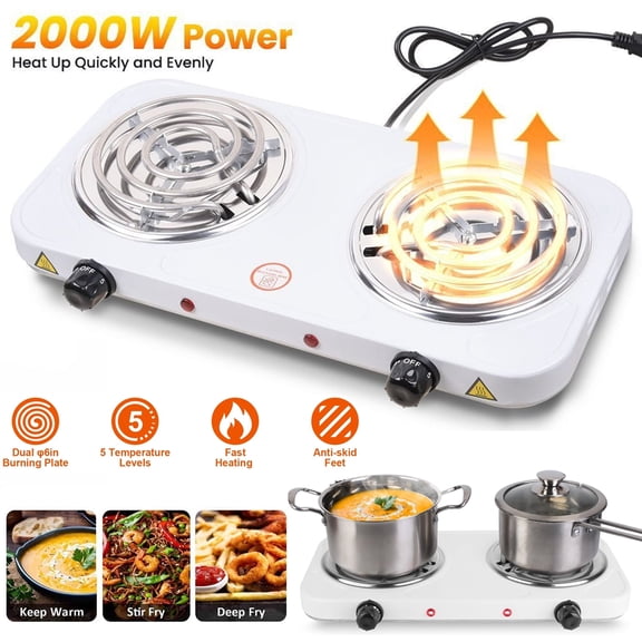 Hinzonek 2000W Portable Electric Double Burner, Hot Plate Kitchen Cooktop Cooking Stove Frying Pan and Easy to Clean for Home or Dorm, Adjustable Temperature, White