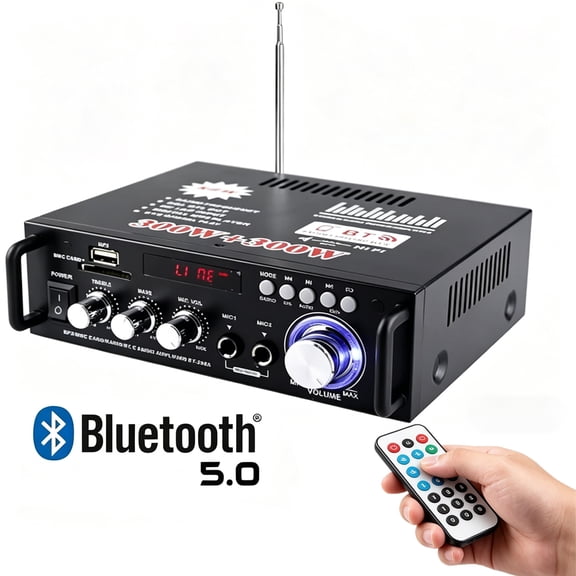Hinzonek Stereo Audio Amplifier, 600W Bluetooth Amplifier Receiver with 2 Channel, Wireless 5.0 Power Amplifier System Fot Home Theater Speakers, with USB/SD/RCA/MIC/FM in, with Remote Control