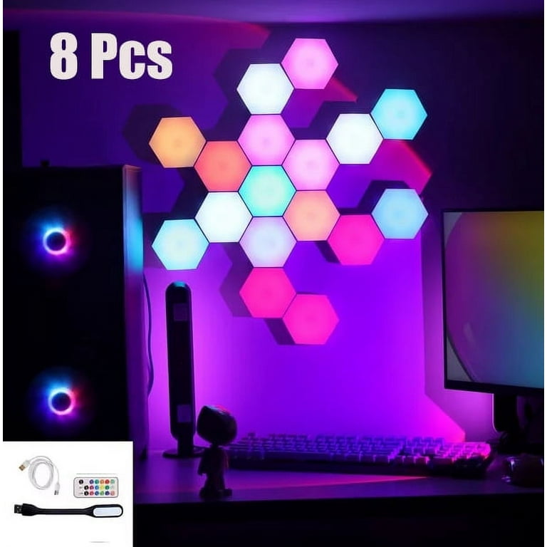 Hinzonek 8pcs Hexagon Lights with Remote, Smart DIY Hexagon Wall Lights,  Dual Control Hexagonal LED Light Wall Panels with USB-Power, Geometry Hex