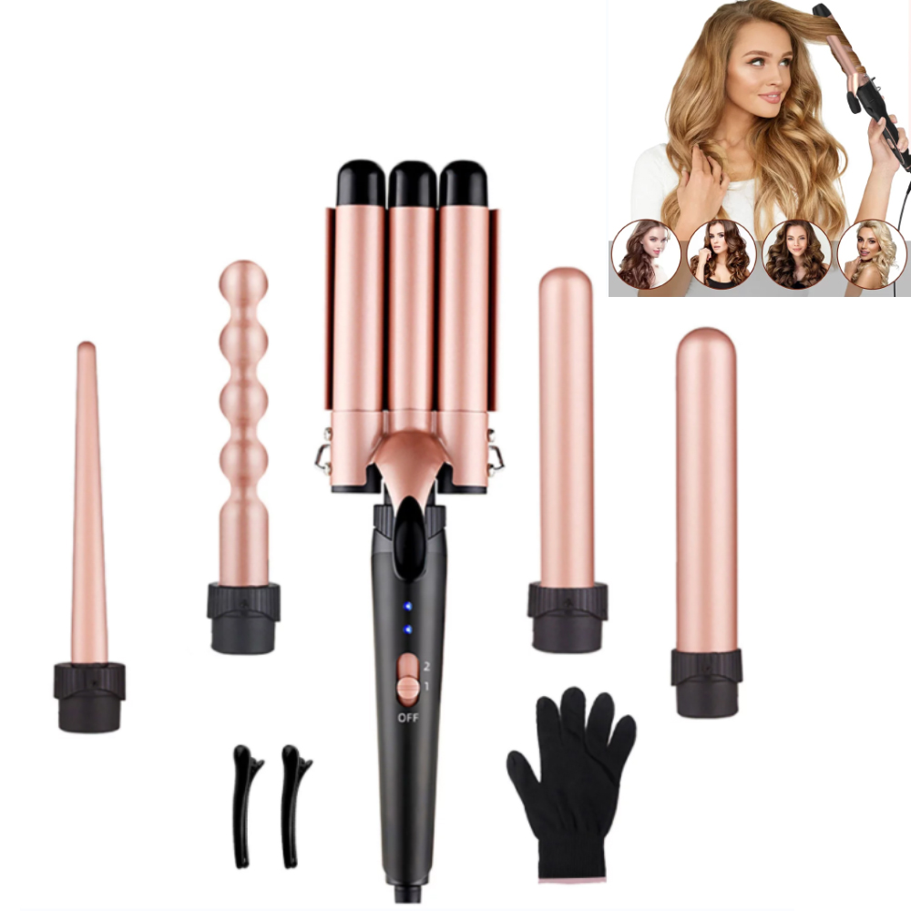 Hinzonek Beach Wave Curling Iron Wand, 5 in 1 Hair Waver 3 Barrel Curling Iron Set for Long