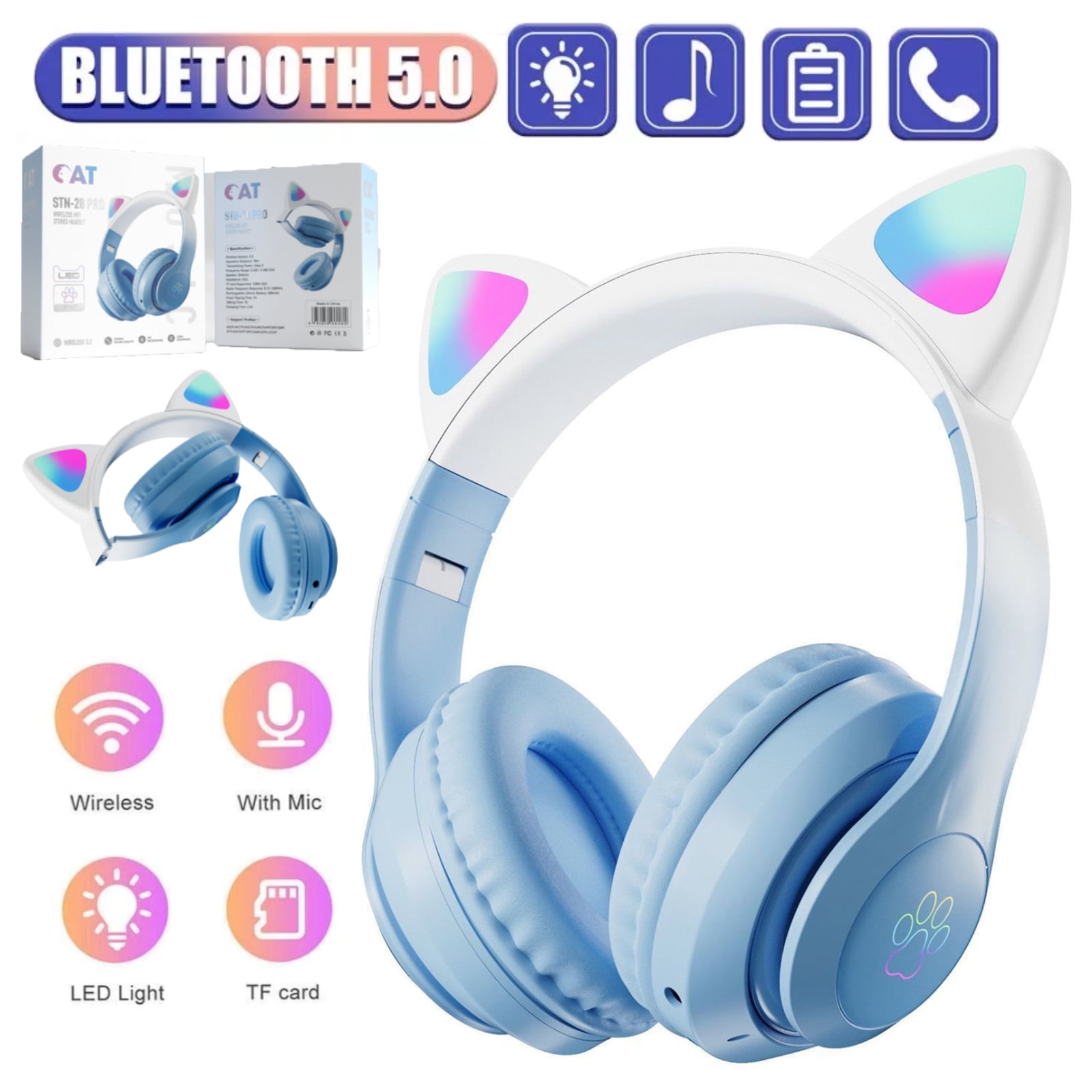 Hinzonek Bluetooth 5.0 Wireless Headphone Cat Ear LED Light Up Over-ear Foldable Headphone with Mic