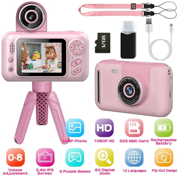 Hinzonek   Kids Camera, Toy Digital Video Camera, Toddler Camera for Girls 3-12 Years Best Birthday/Festival Gifts,with 32GB SD Card and Silicone Cover,Pink