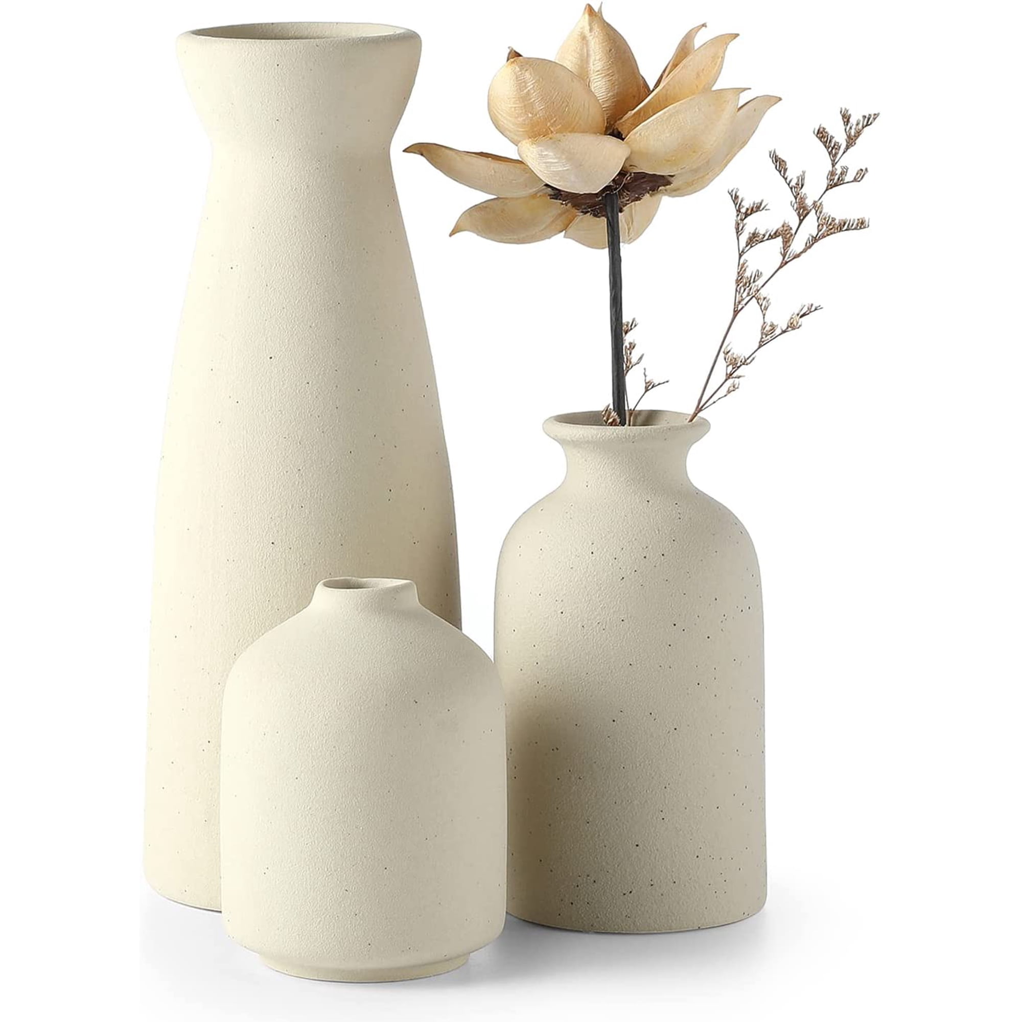 Hinzonek Ceramic Vase Set of 3, Small Flower vases for Decor,Modern Boho Farmhouse Home Decor,Decorative vase for Pampas Grass&Dried Flowers,idea Shelf,Table,Bookshelf ，Entryway- Distressed,Beige