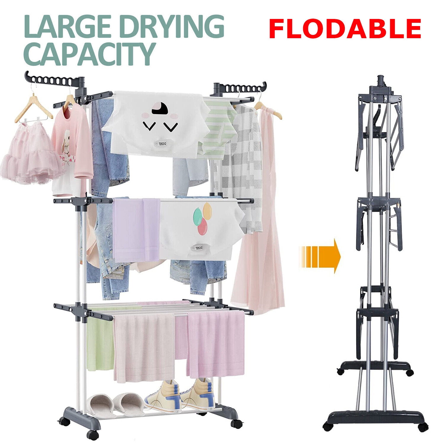 Hinzonek Clothes Drying Rack, 3-Tier Collapsible Rolling Clothing Rack ...