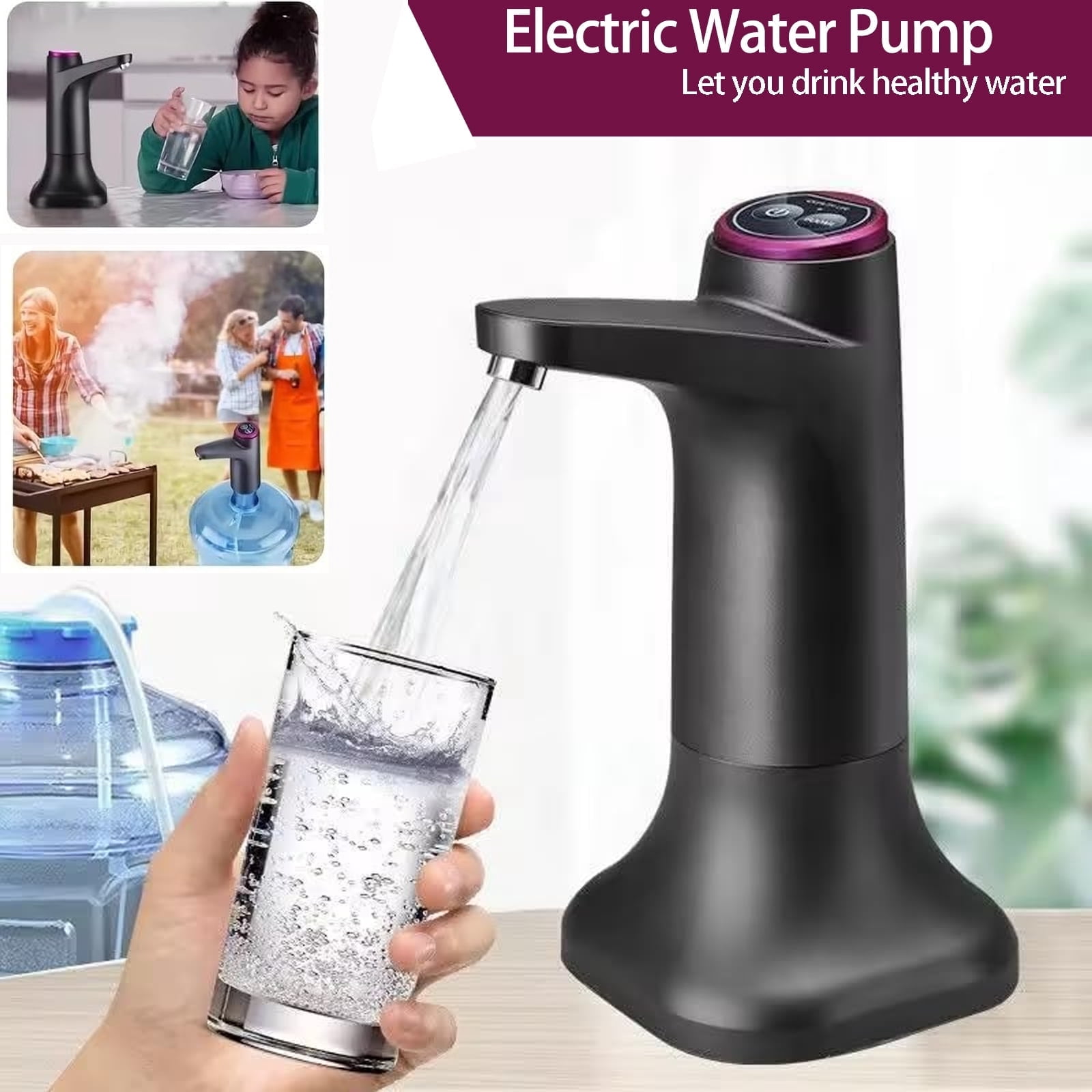 Hinzonek Desktop Water Bottle Dispenser Portable Electric Water Pump for Universal 3, 4 and 5 Gallon with USB Charging and Automatic off Switch, Black