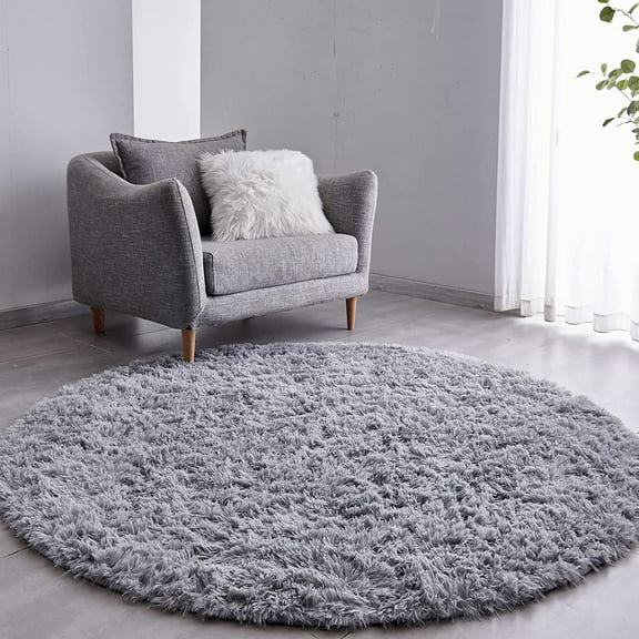 Hinzonek Gray Round Area Rug, Circle Rugs, Small Fluffy Shaggy Carpets, Rugs for Bedroom, Furry Comfy Teepee Mats, Circular Rugs for Reading Area Living Rooms