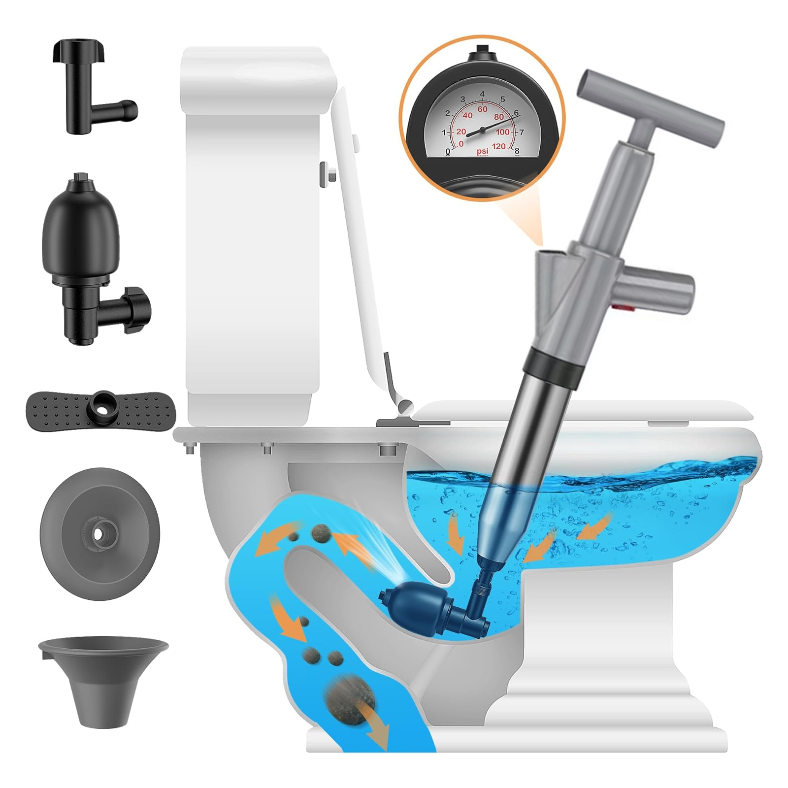 Hinzonek High Pressure Air Toilet Plunger Drain Blaster Kit, Unclogged