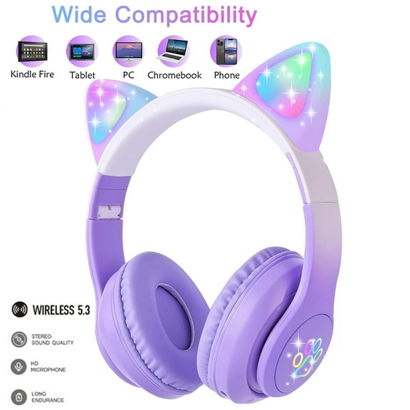 Hinzonek Kids Headphones, Cat Ear 5.3 Wireless Headphones, LED Light Up Bluetooth Foldable Headphones Over Ear With Microphone for Phone/Tablet/Laptop/School Christmas Gift (Gradient Purple)