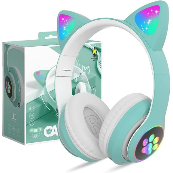 Hinzonek Kids Headphones with Microphone/RGB LED Light Up, Cat Ear Bluetooth Headphones, Foldable Stereo Over-Ear Headphones for Kids Tablet/School/Pad/Smartphone, Xmas Gift (Green)