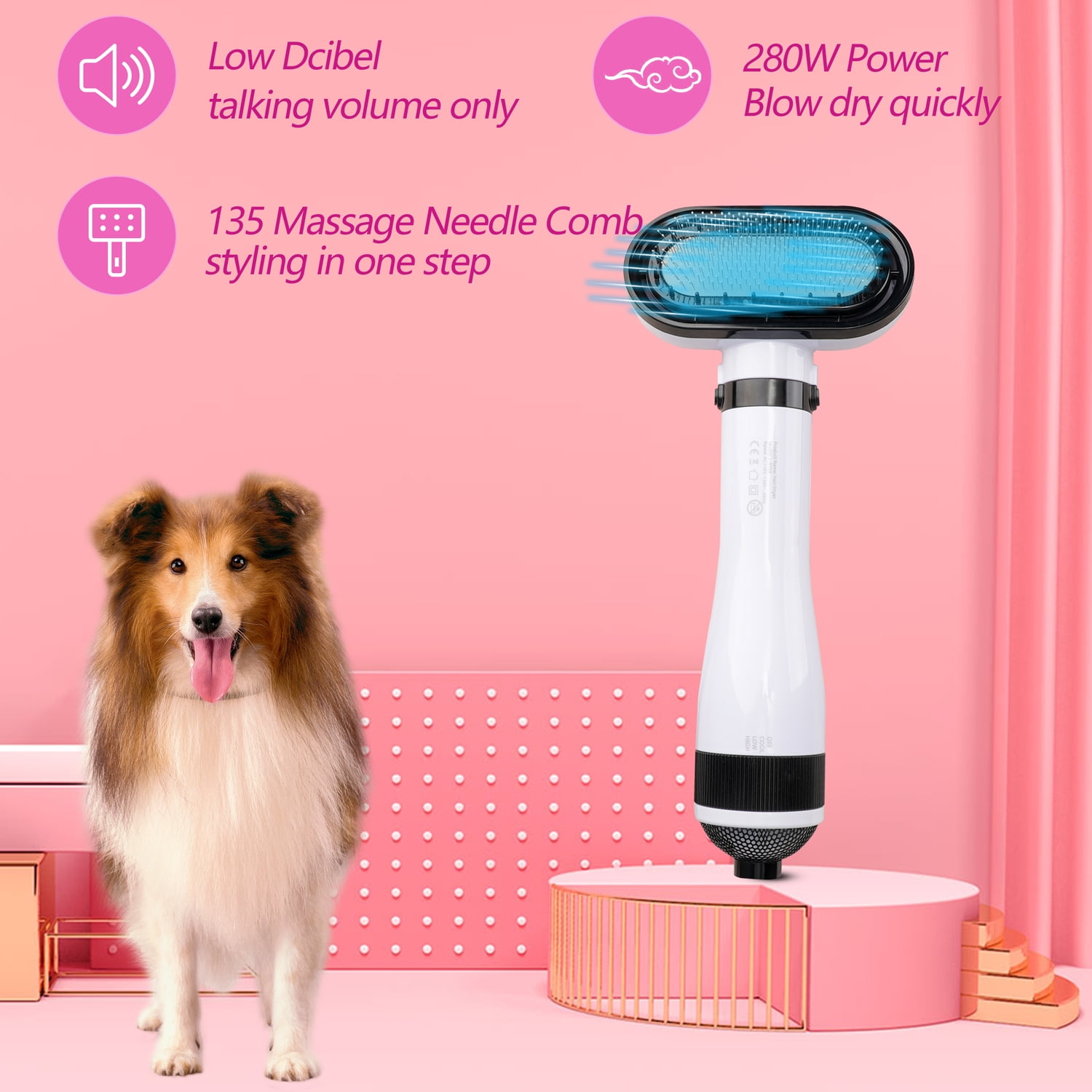 Hinzonek Pet Hair Dryer, 2 in 1 Dog Blow Dryer Pet Dryers Grooming with