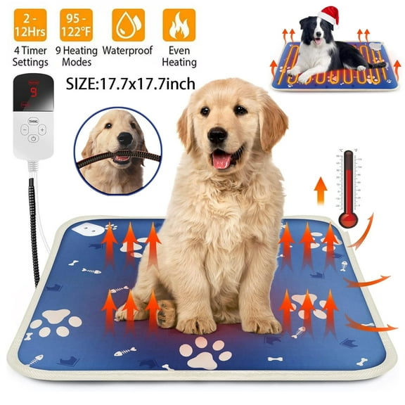 Hinzonek Pet Heating Pad for Cats Dogs, Electric Heat Indoor Warming Bed Mat, Waterproof Heated Bed Puppy Whelping Pads Blanket with Auto Power Off, 9 Heating Levels 4 Timer Setting Chewing-Resistant