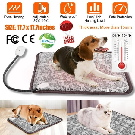 Hinzonek Pet Heating Pad, Heated Cat Dog Bed Mat, Electric Warming Pad Heating Blanket for Cats Dogs Puppies Indoor 17.7inch, with Anti- Steel Cord, Dual Temperature Dual Control