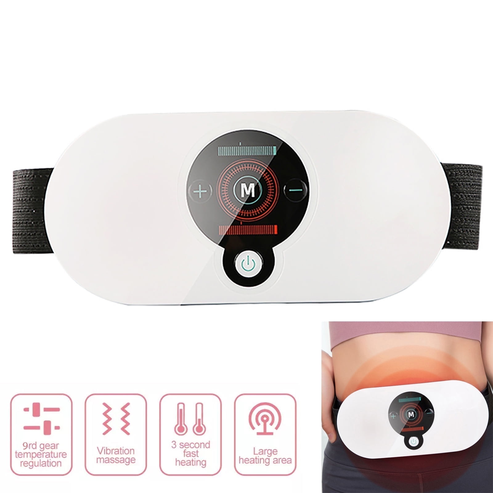 Hinzonek Portable Cordless Heating Pad for Cramps Stomach Back Belly, Electric Waist Massage Belt Vibration Device, 9 Modes and 3 Levels, Fast Heating, White