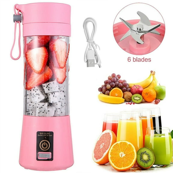 Hinzonek Portable Mini Juicer Cup, Personal Blender 6 Blades Mixer Fruit Machine for Smoothies Shakes, Pink, 380ml