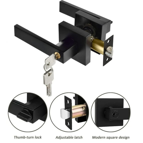 Hinzonek Privacy Door Handle with Lock, 1 Pack Matte Black Door Lever, Square Heavy Duty Interior Keyless Door Handles, Reversible for Left Right Sided Doors for Bedroom and Bathroom Doors