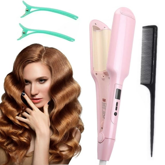 Hinzonek Hair Crimper,Wave Curling Iron,French Eggs Roll Iron Curling Iron V-Shape, Anti-Scald Hair Crimper Fast Heating Ionic Hair Waver 2 Barrel for Beatiful Girls,Pink