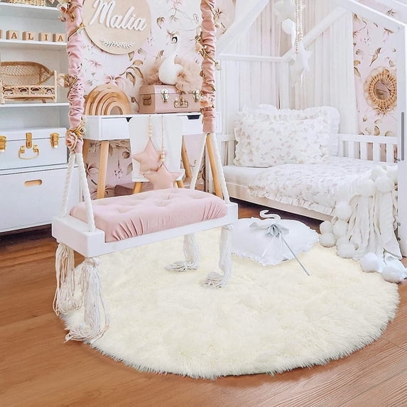 Hinzonek White Round Area Rug, Circle Rugs, Small Fluffy Shaggy Carpets, Rugs for Bedroom, Furry Comfy Teepee Mats, Circular Rugs for Reading Area Living Room