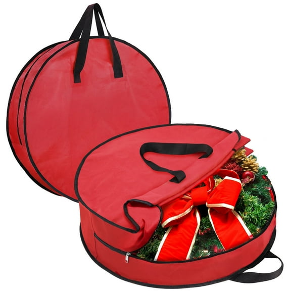 Heavy Duty Round Christmas Wreath Storage Bag 30x30x8 Inch, Holiday Decoration Organizer with Reinforced Handles & Dual Zippers, Dustproof Wreath Container for Holiday Decor