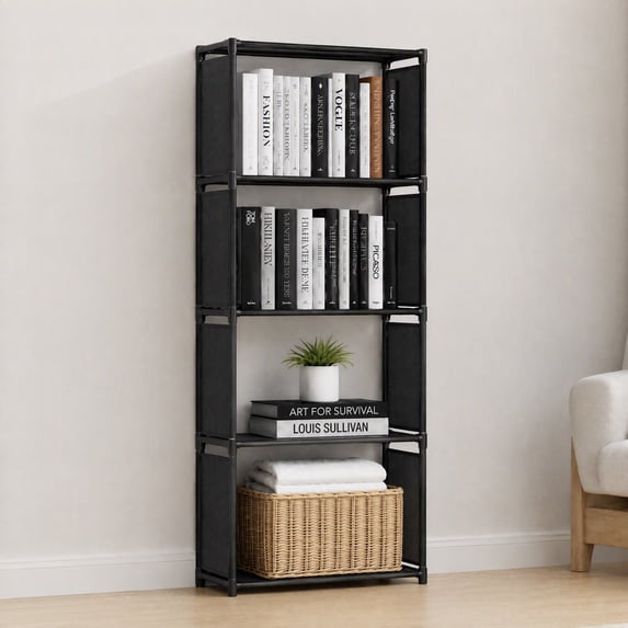 HioHa 4-Cube Storage Organizer, Portable Cube Shelf Bookcase, Space Saving Cubby Storage Shelves for Closet, Bedroom, Home Office, Black