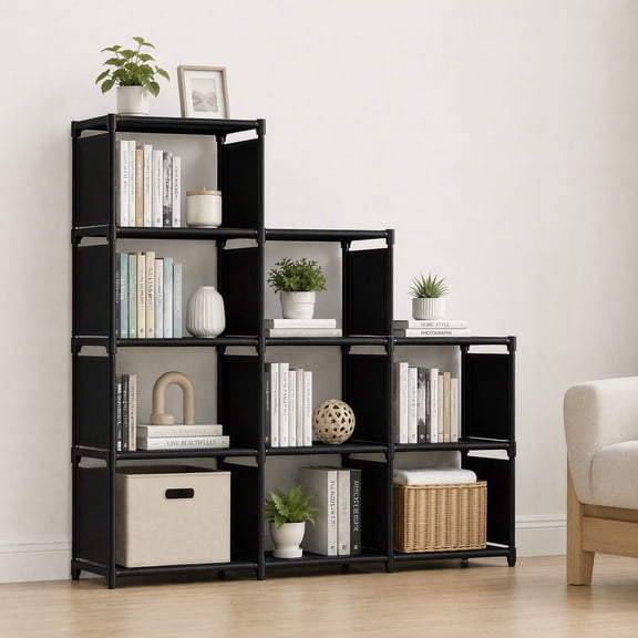 HioHa 9-Cube Storage Organizer, Portable Cube Shelf Bookcase, Space Saving Cubby Storage Shelves for Closet, Bedroom, Home Office, Black