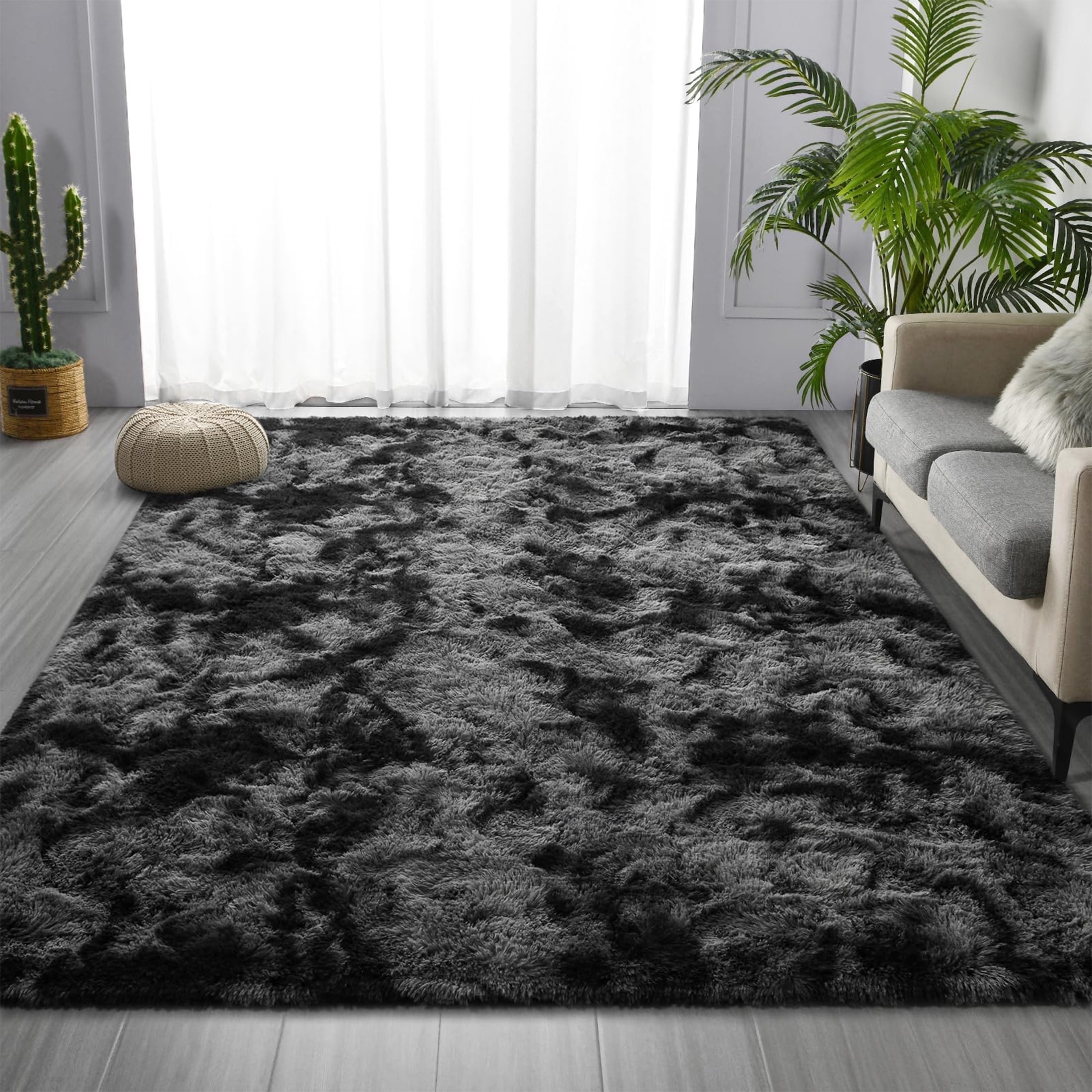 HIOHA Soft Plush Shaggy Furry Rug, 6ft x 9ft, Dark Gray Area Rug for Living Room and Bedroom