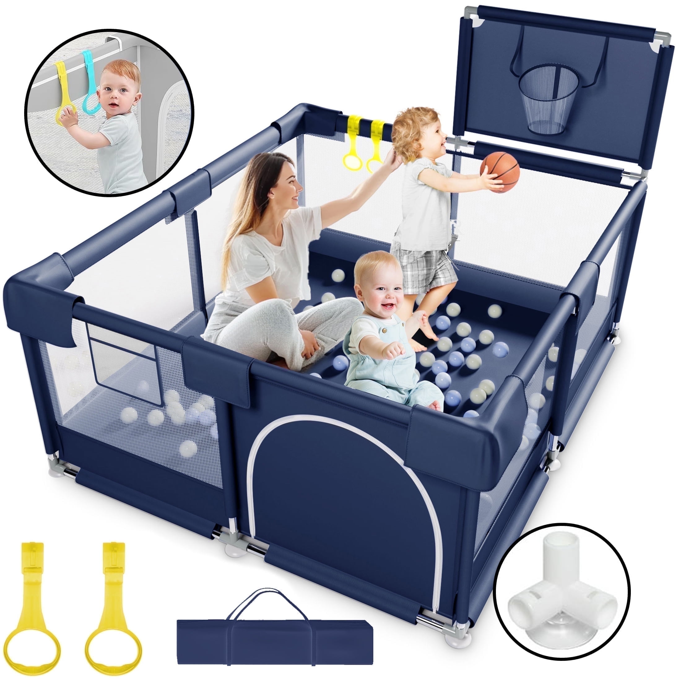 HIOHA Baby Playpen, Folding Playard with Basketball Hoop, Safety Mesh, Portable for Infant and Toddler