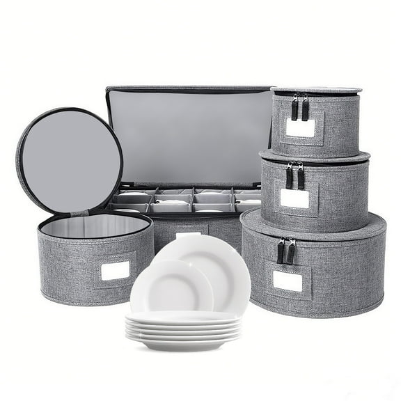 HioHa 5-Piece Fine China Storage Containers Set, Stackable Dish Box with Felt Dividers for Plates, Wine Glasses, Mugs & Saucers – Kitchen & Moving Organization