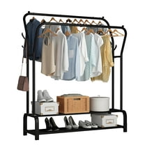 HioHa Metal Clothing Rack with 6 Hooks & Wheels, 2-Tier Storage Sturdy Garment Rack, Portable Closet Organizer for Bedroom Laundry, Black