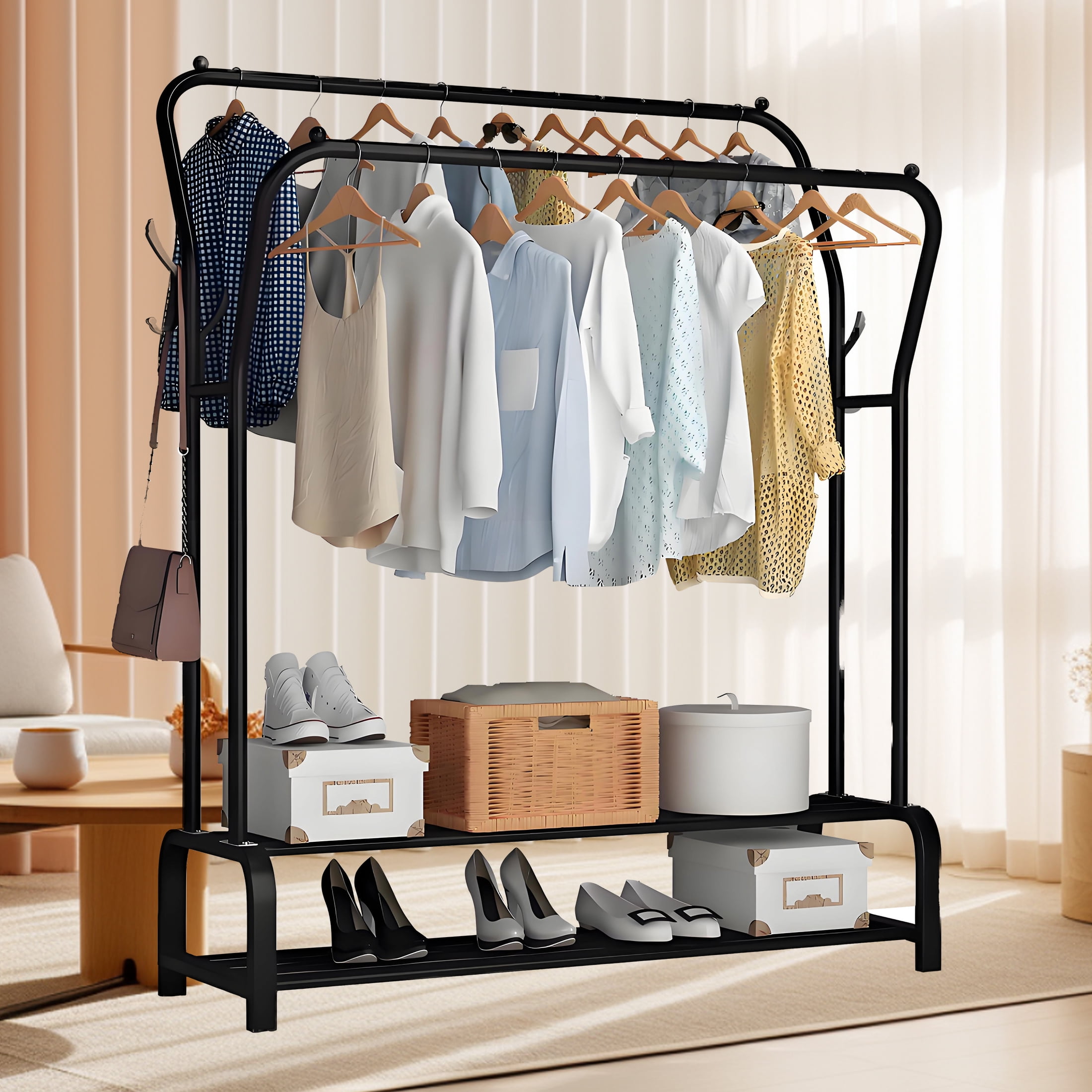 SimpleHouseware Industrial Pipe Clothing Rack with Bottom Shelves White Metal Shelf with Wire Rod Walmart