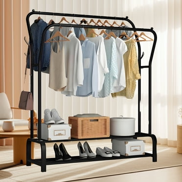 HioHa Clothes Rack, Metal Clothing Racks or Hanging Racks with 2-Tier Shelf, Heavy Duty Garment Rack Closet Rods with Side Hooks for Home Dormitory, Black