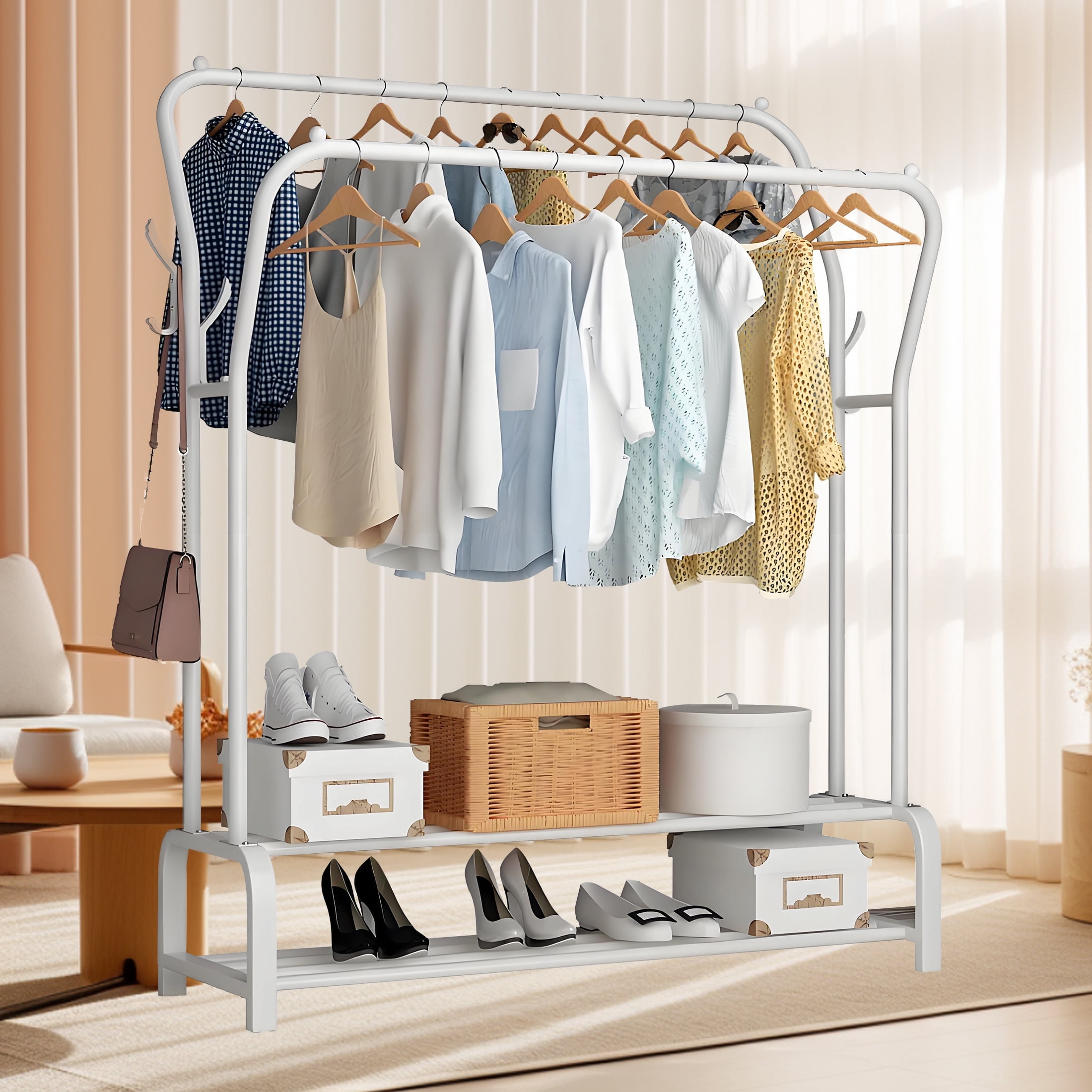 HioHa Clothes Rack Double Rail Clothing Drying Rack with 2 Tier Shelf Heavy Duty Garment Rack with Coat Hat Hanging Hooks White Walmart