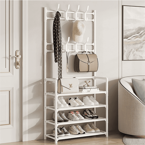 HIOHA Modern 4-Tier Storage Hall Tree with Coat Hooks and Shoe Rack, 24x10x61 Inch, White