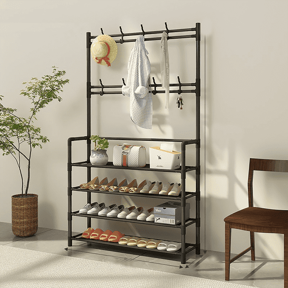 HioHa Coat and Shoe Rack, 4-Tier Freestanding Hall Tree with 8 Hooks, 31.5x10x61 Inch Entryway Organizer for Bedroom Hallway Office, Black