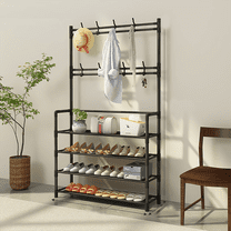 HioHa Coat and Shoe Rack, Hall Tree for Entryway with 4-Tier Storage Shelves,Storage Organizer with 8 Hooks for Bedroom, Hallway, Office, Black