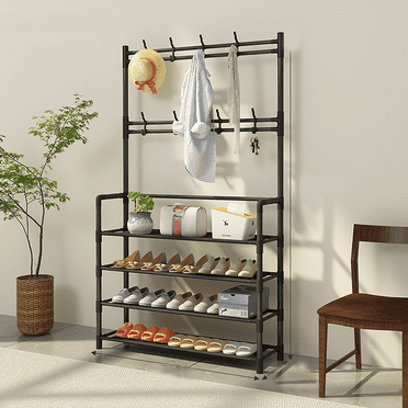 HioHa Coat and Shoe Rack, Hall Tree for Entryway with 4-Tier Storage Shelves,Storage Organizer with 8 Hooks for Bedroom, Hallway, Office, Black