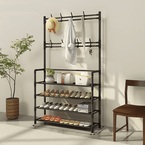 HioHa Coat and Shoe Rack, 4-Tier Freestanding Hall Tree with 8 Hooks, 31.5x10x61 Inch Entryway Organizer for Bedroom Hallway Office, Black