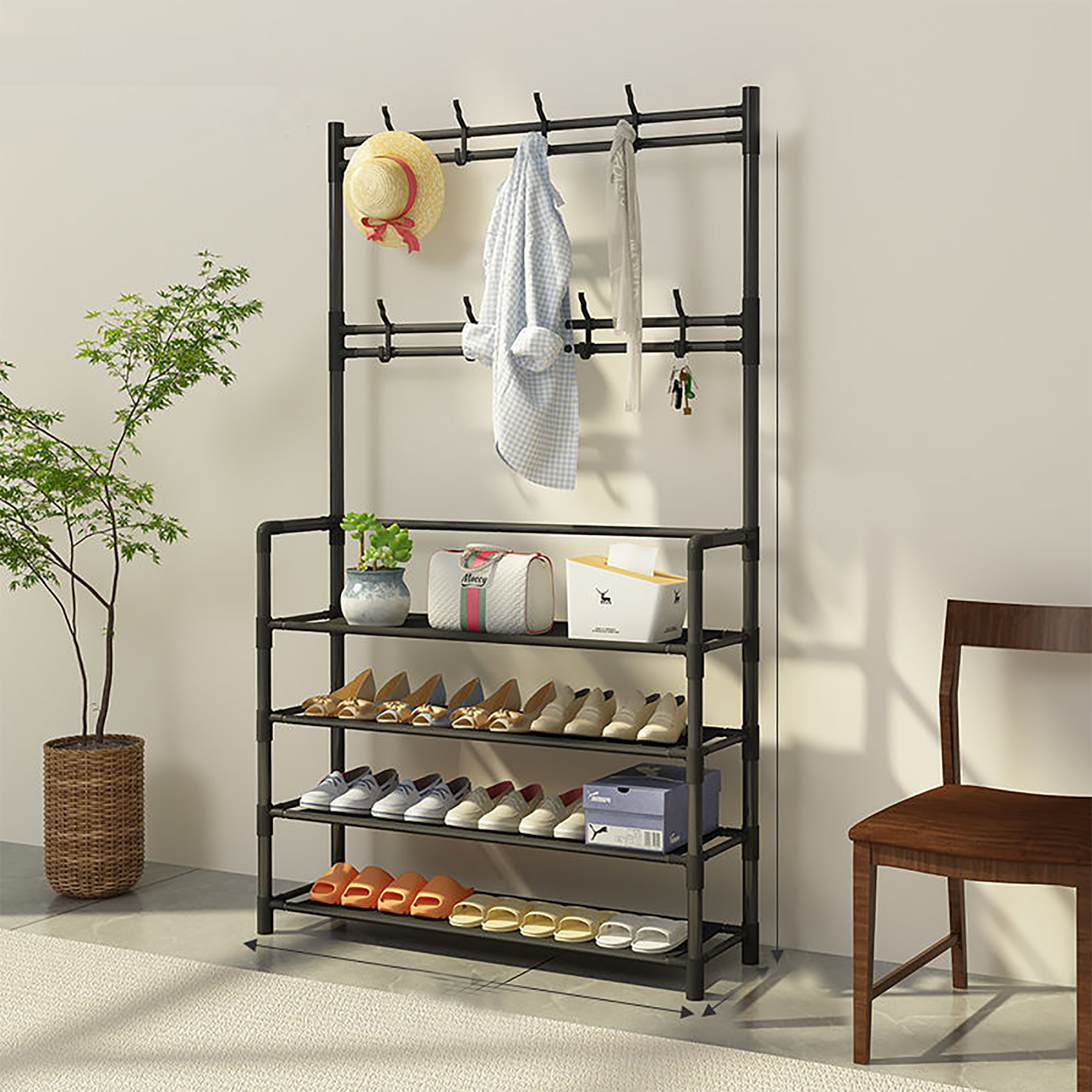 Shoe Racking Hallway HioHa Coat and Shoe Rack, Hall Tree for Entryway with 4-Tier Storage ...