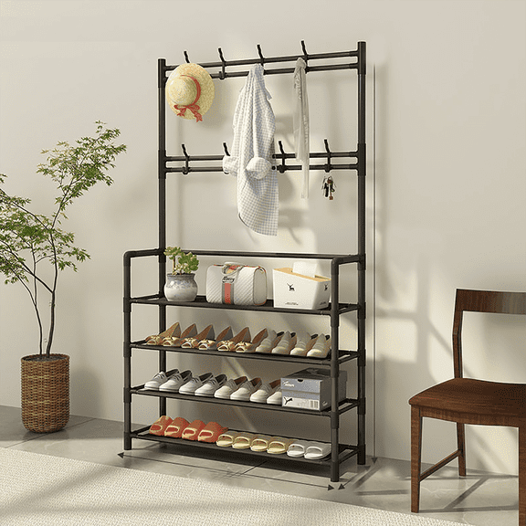 HioHa Coat and Shoe Rack, 4-Tier Freestanding Hall Tree with 8 Hooks, 31.5x10x61 Inch Entryway Organizer for Bedroom Hallway Office, Black