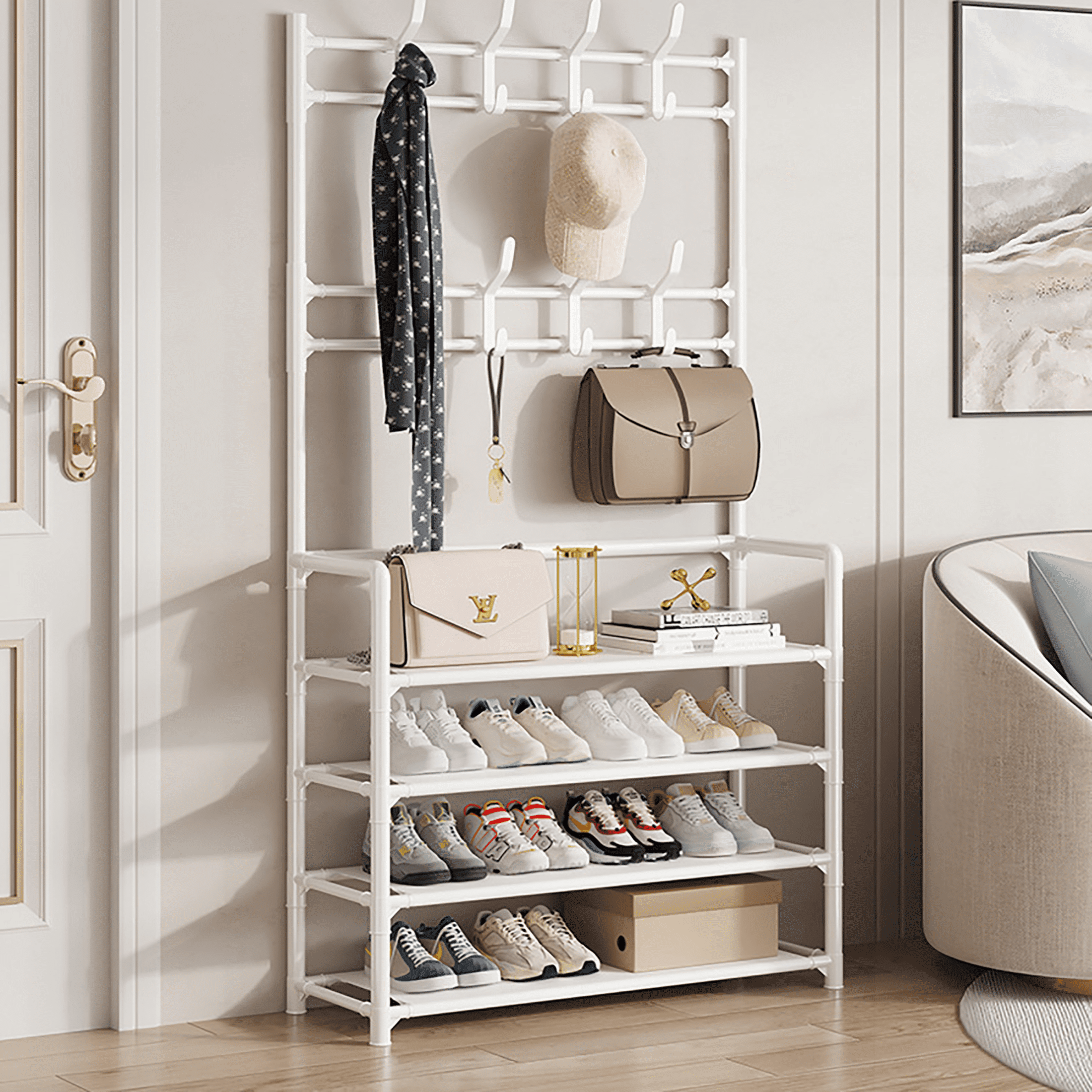 Shoe Racking Hallway HioHa Coat and Shoe Rack, Hall Tree for Entryway with 4-Tier Storage ...