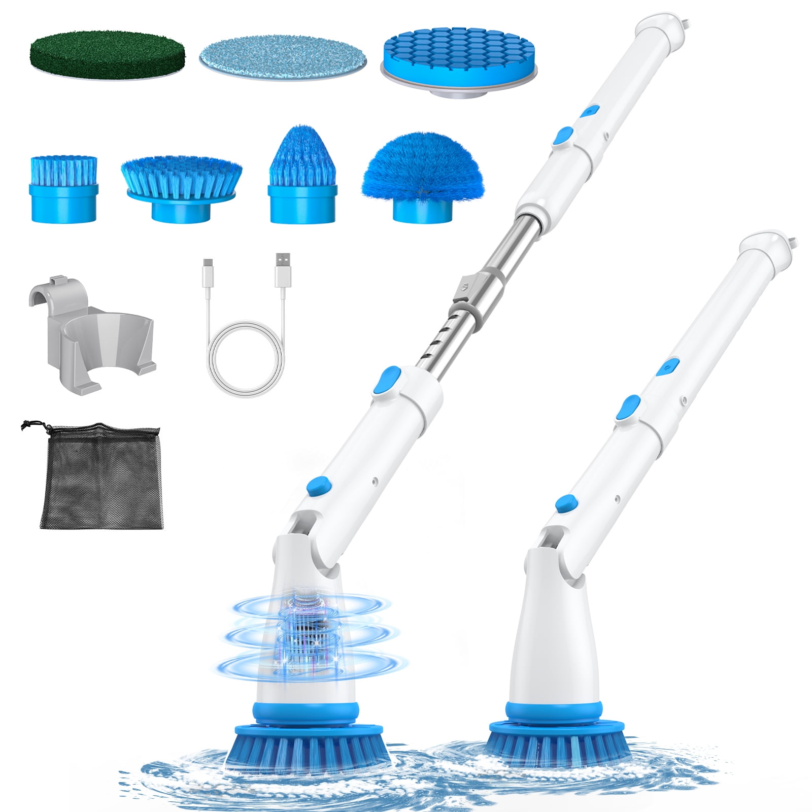 HioHa Electric Spin Scrubber, Cordless Spin Scrubber with 7 Replaceable Brush Heads, Adjustable Extension Handle & 3 Angle, Power Cleaning  Brush for Tub/Stove/Car