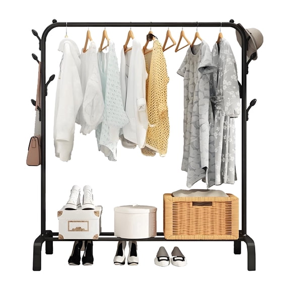 HioHa Garment Rack with Storage Shelf | Standing Clothes Hanging Rack for Bedroom, Closet & Laundry Room | Space-Saving Wardrobe Organizer with Bottom Shelf